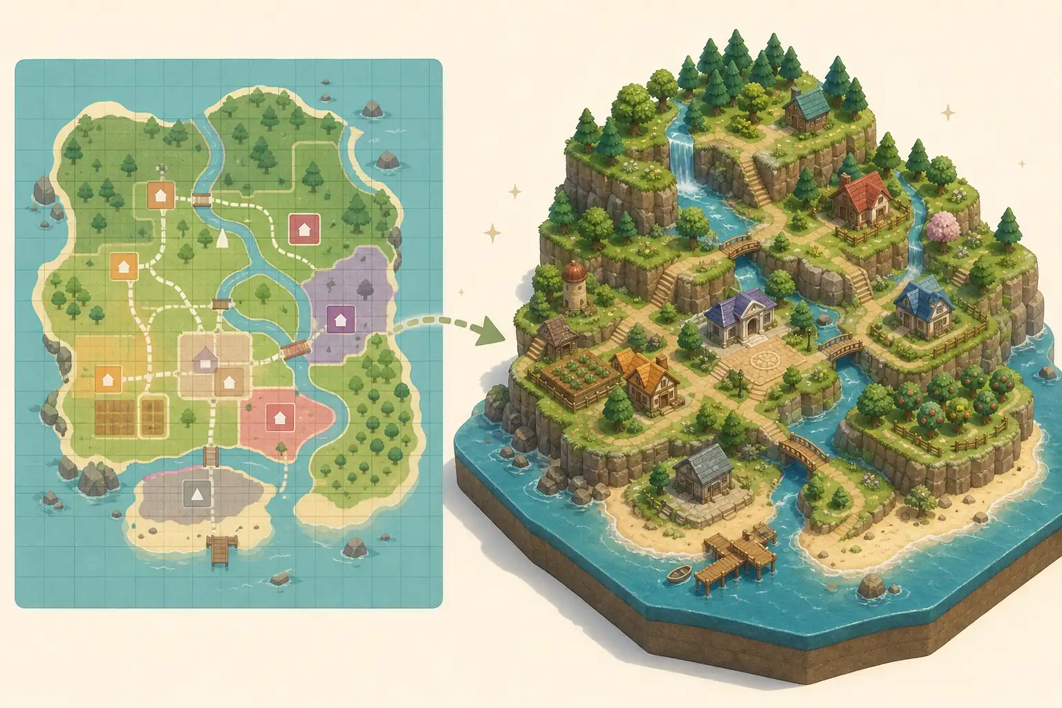 Concept comparison between a flat 2D island map and a layered 3D island terrain plan