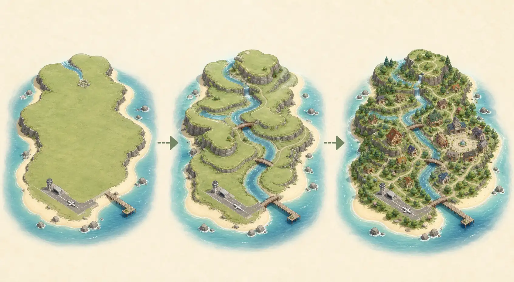 Concept workflow showing an empty island becoming a terrain plan and then a decorated island layout