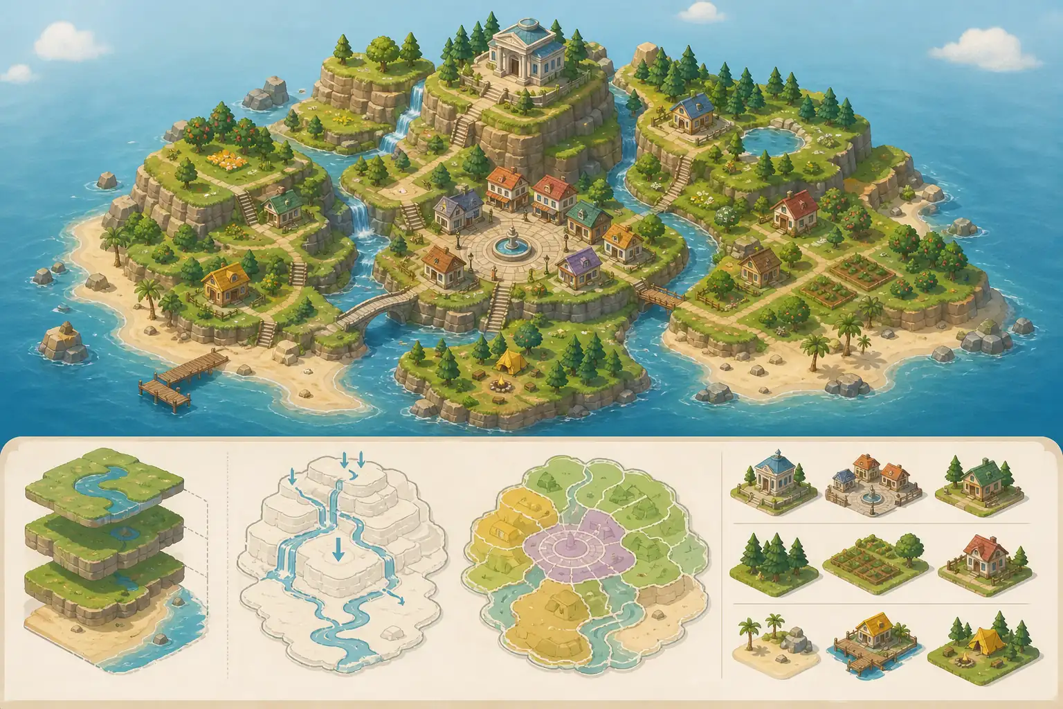 Concept illustration of a layered Animal Crossing island with cliffs, rivers, bridges, homes, and a central town