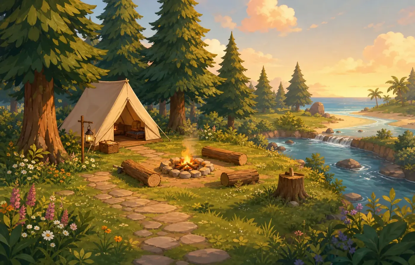Editorial concept illustration of a forest campsite with a tent, campfire, path, river, and beach