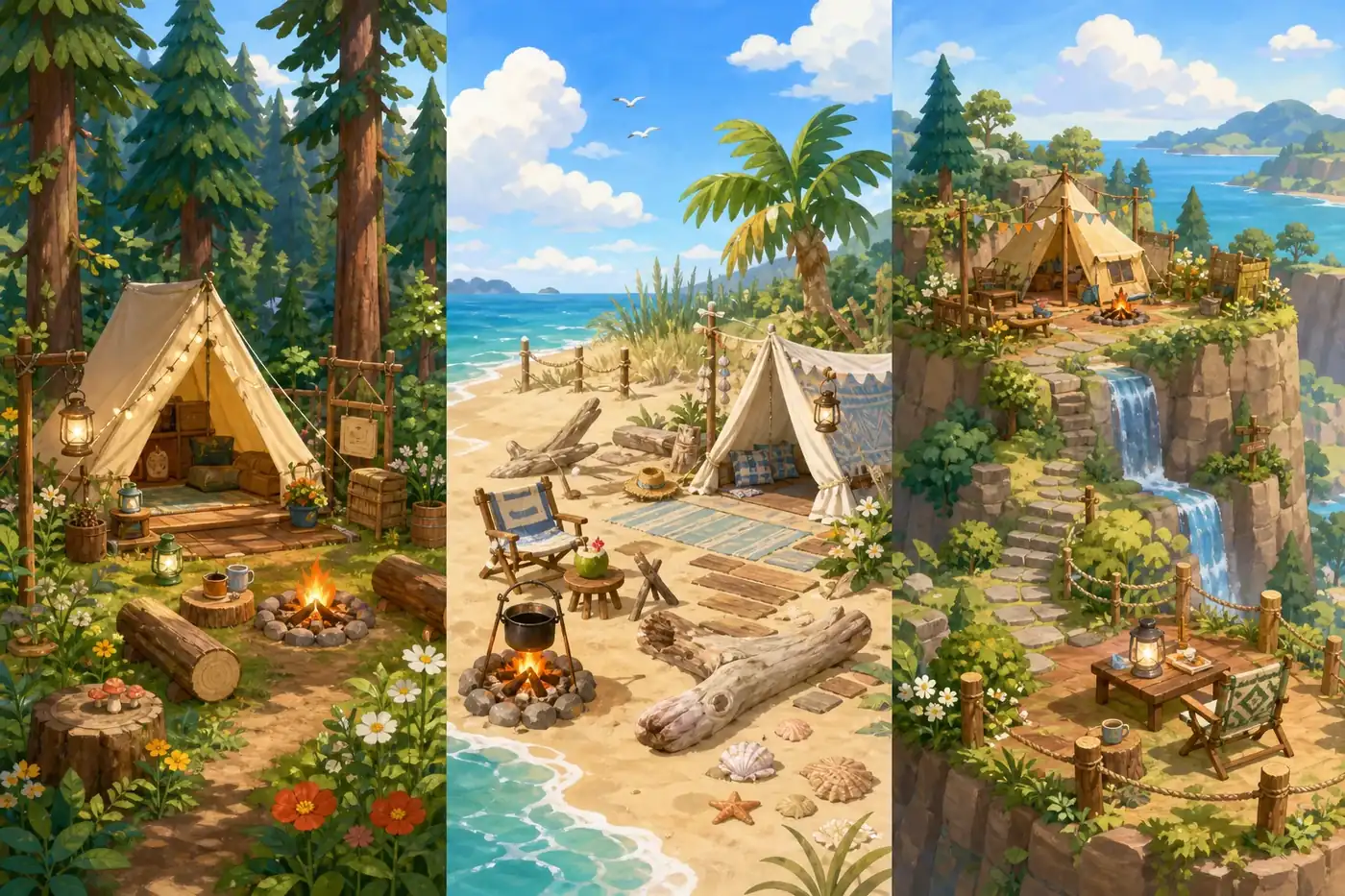 Editorial concept comparison of forest, beach, and cliffside ACNH campsite layouts