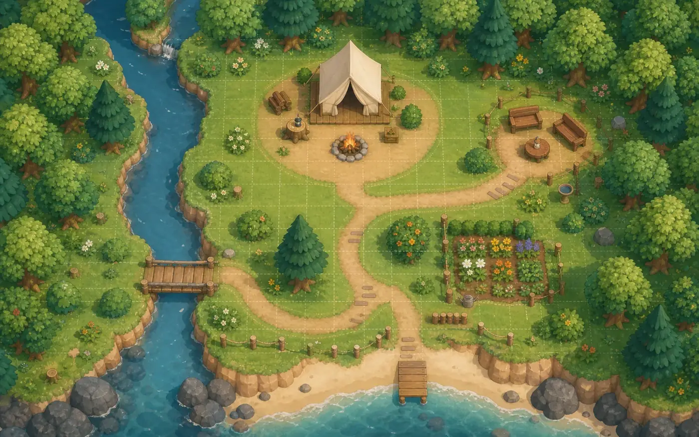 Editorial concept map showing an ACNH campsite clearing, path loop, river, bridge, garden, and beach approach