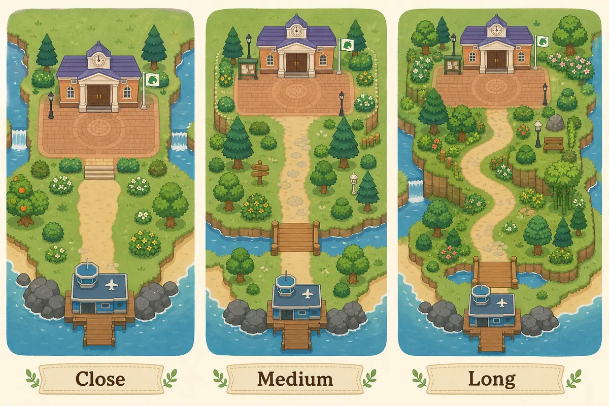 Editorial comparison of short, medium, and long ACNH island entrance layout ideas from airport to Resident Services