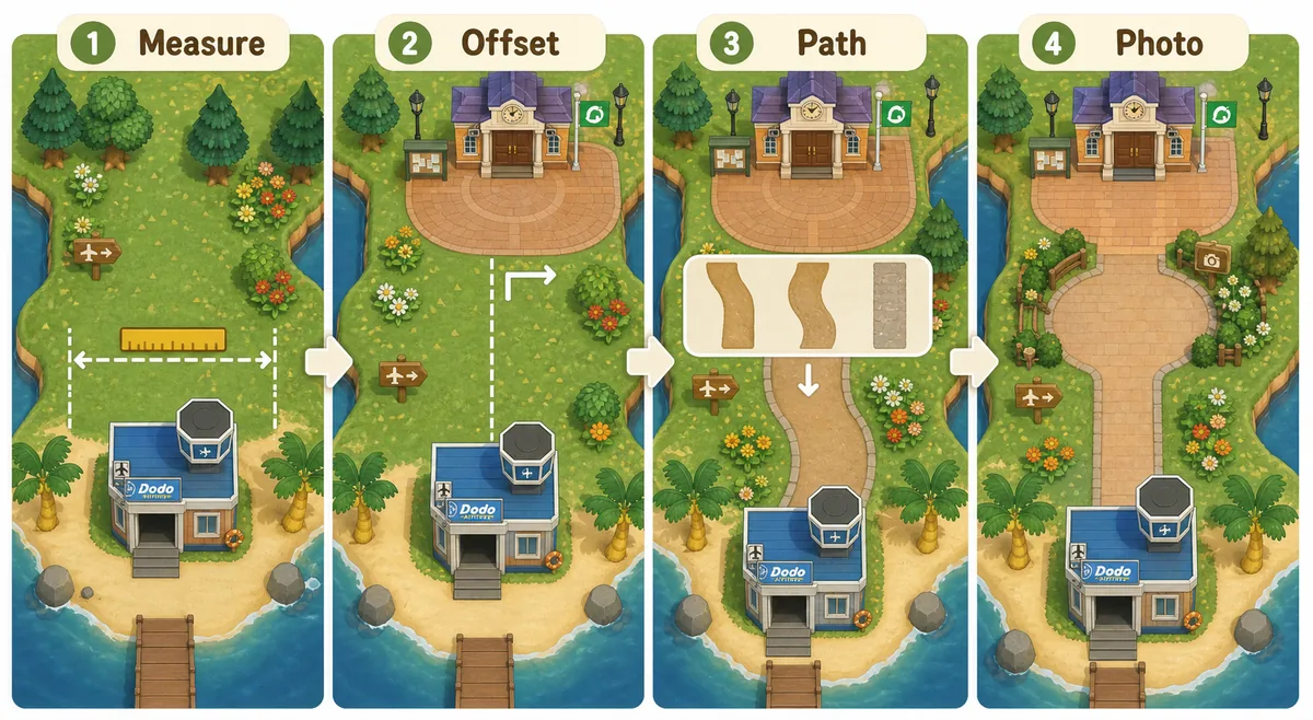 Four-step ACNH entrance planning flow for measuring airport width, checking plaza offset, choosing a path, and reserving a photo spot