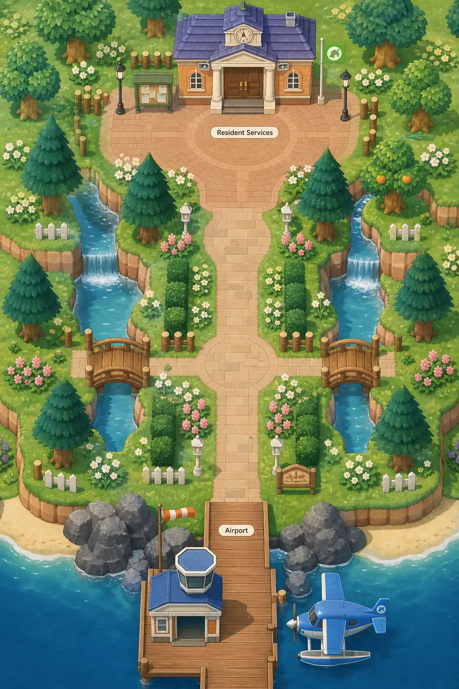 Illustrated ACNH airport entrance path leading through waterfalls, trees, flowers, and a plaza toward Resident Services