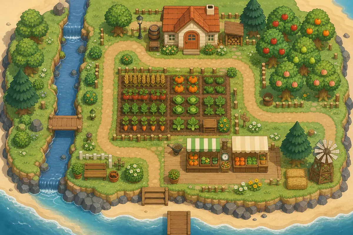 Editorial farm planning diagram with crop rows, a farmhouse, orchard trees, a stream, paths, and a market area