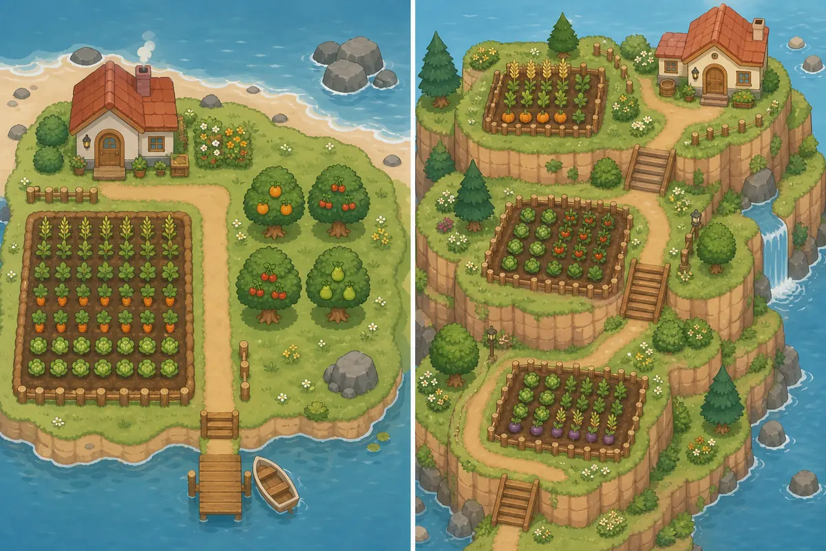 Editorial comparison diagram of a compact ACNH farm and a terraced ACNH farm