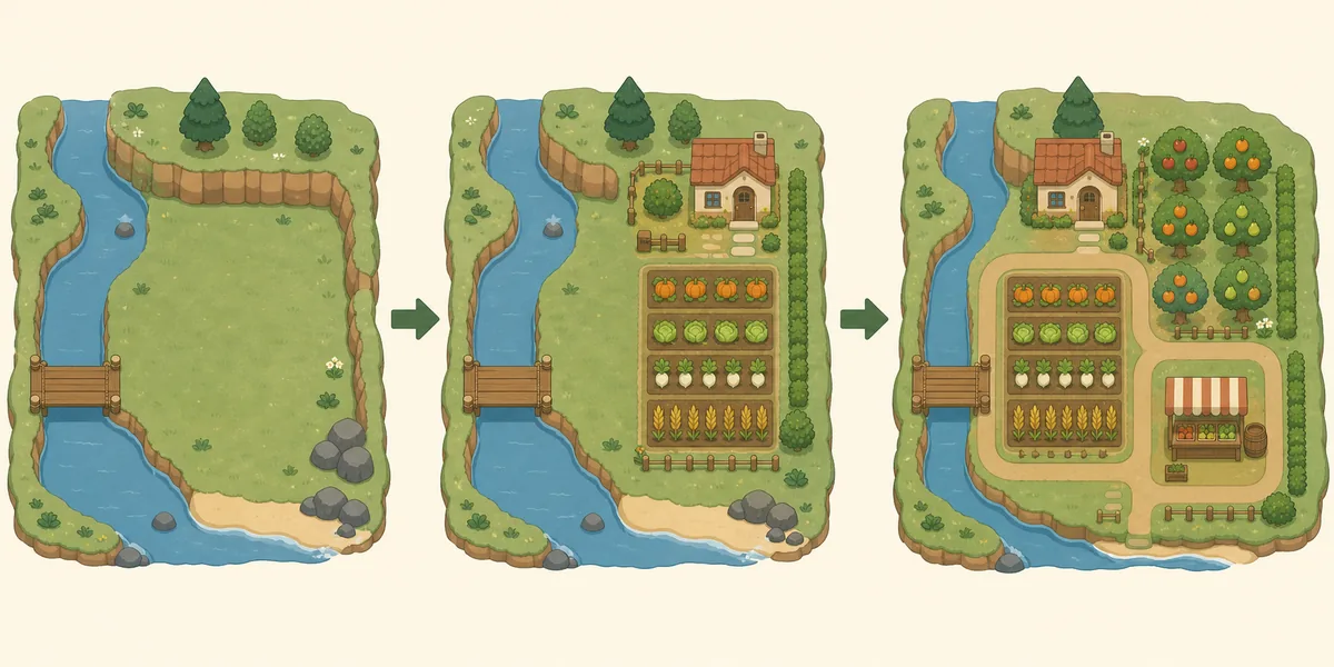Editorial three-step diagram showing fixed map edges, a crop zone, and a farm route