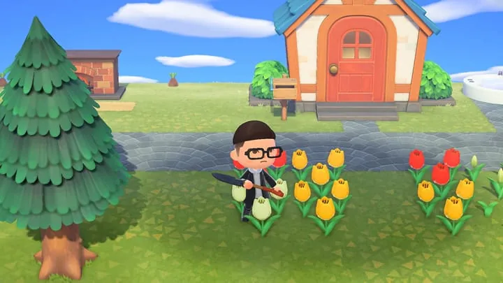 Official ACNH screenshot of a player gardening beside full-grown flowers and trees
