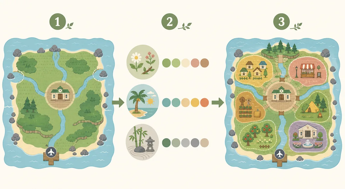 ACNH island ideas planning flow from fixed map features to theme choice and build zones