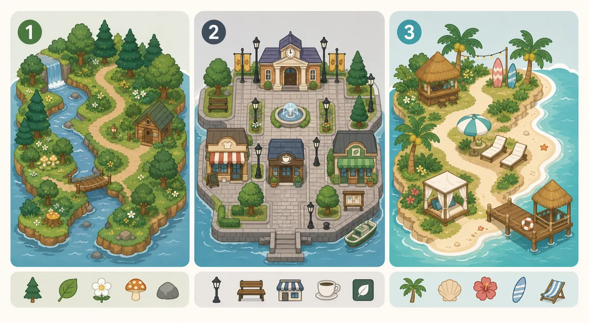 ACNH island ideas comparison showing forest, town, and beach resort theme directions