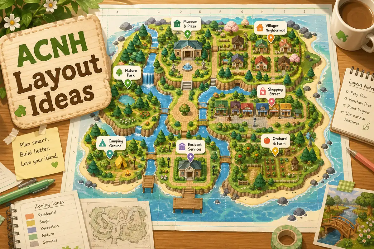 Top-down ACNH island layout ideas map with zones for homes, shops, museum, nature park, campsite, and farm