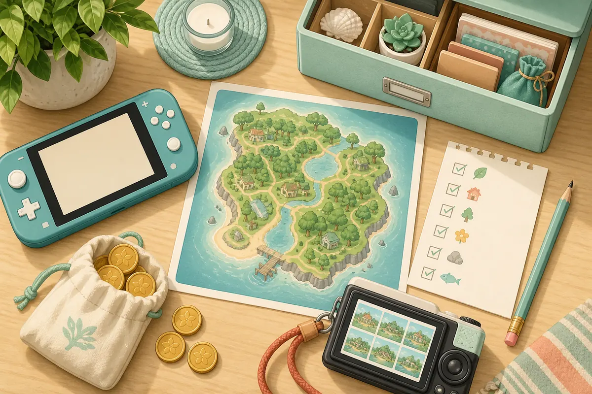 Editorial preparation scene with an island map, storage box, coins, screenshots, and a checklist