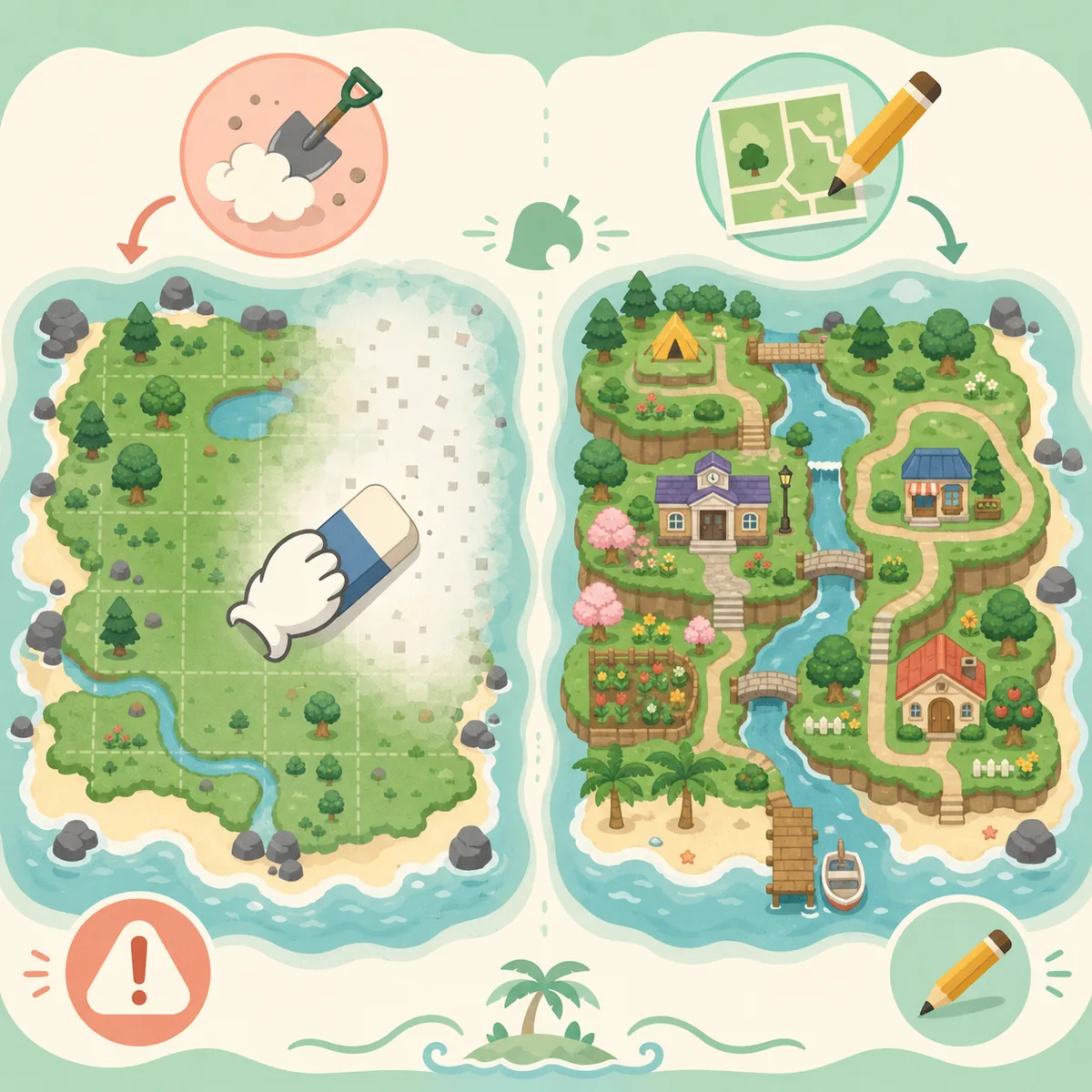 Editorial comparison of wiping an island clean versus reorganizing the same island with a planning pencil