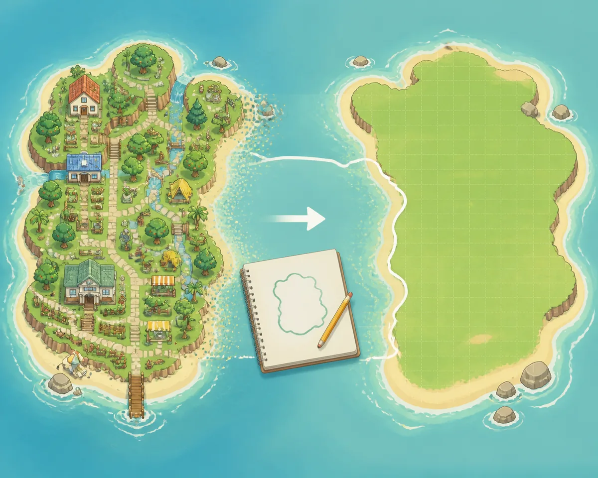 Editorial illustration of a developed Animal Crossing island plan changing into a fresh blank island map