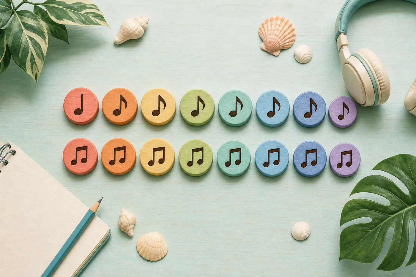 Editorial overhead illustration of sixteen colored music tokens arranged for island tune planning