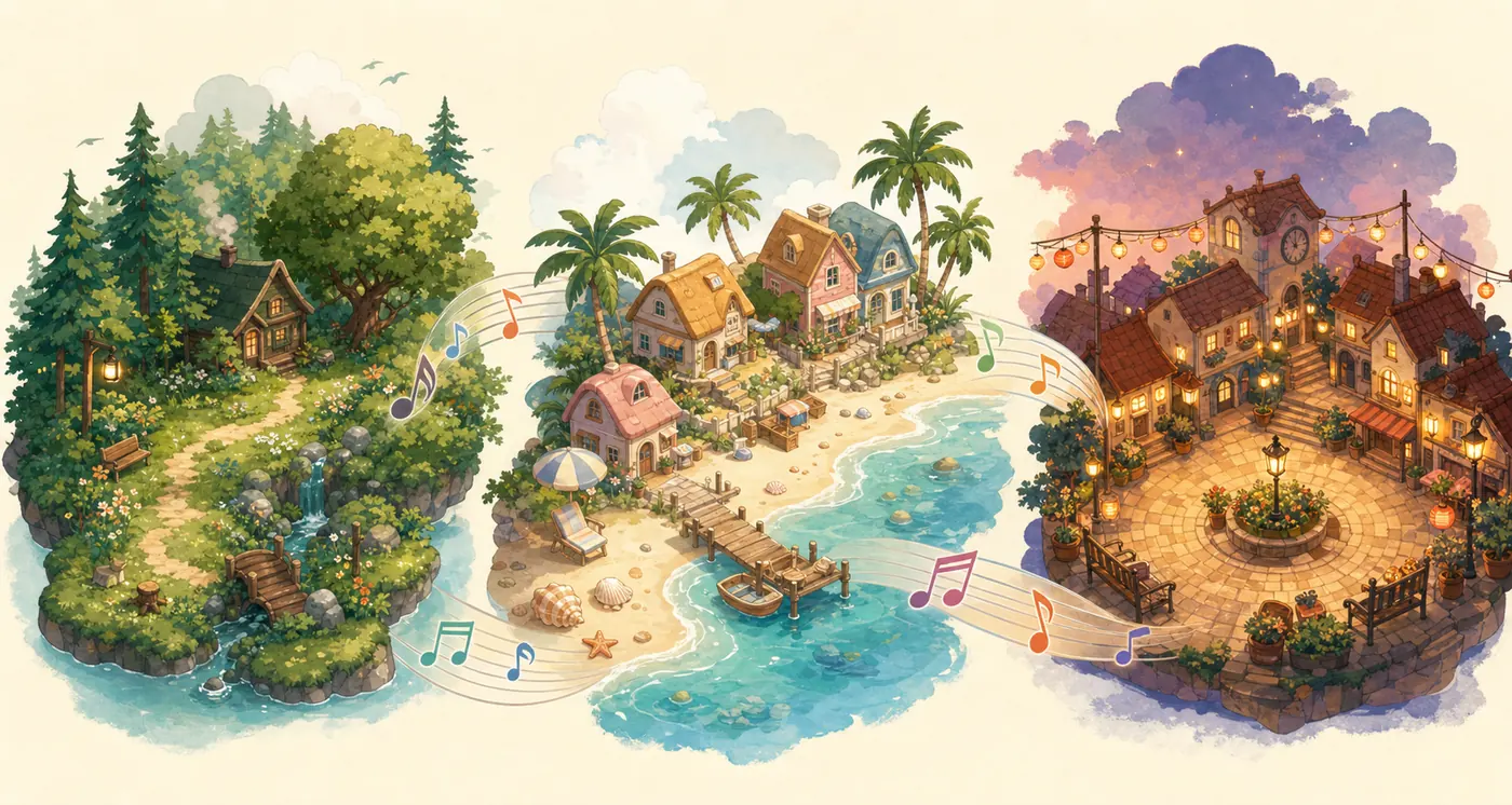 Editorial illustration comparing forest, coastal, and town island moods connected by musical notes
