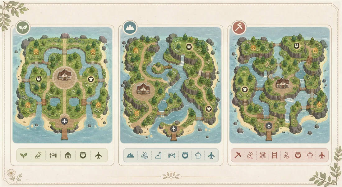 ACNH island layout comparison showing different map structures before terraforming