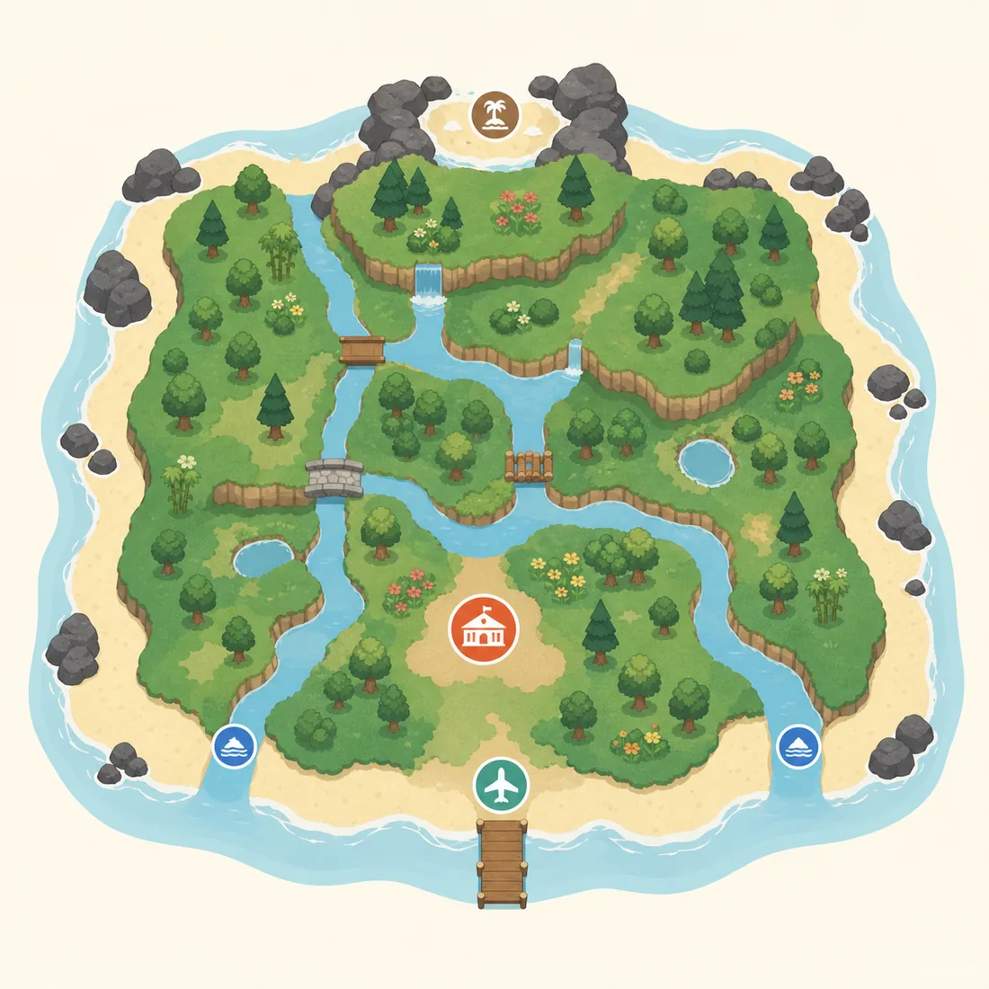 ACNH map layout fixed feature planning diagram with airport, resident services, river mouths, beaches, and rocks