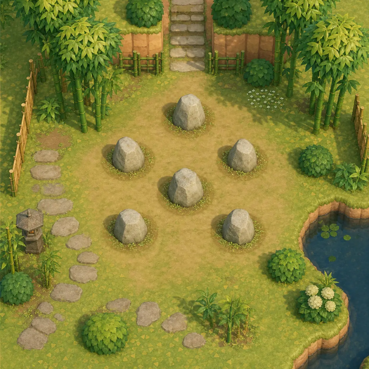 Unofficial illustrative ACNH rock garden plan with six rocks, bamboo, paths, and open walking space