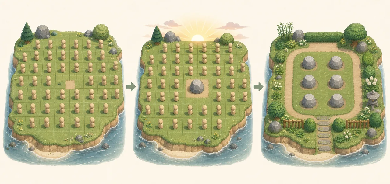 Unofficial three-stage illustration of spawn blocking, one daily rock spawn, and a finished six-rock ACNH garden