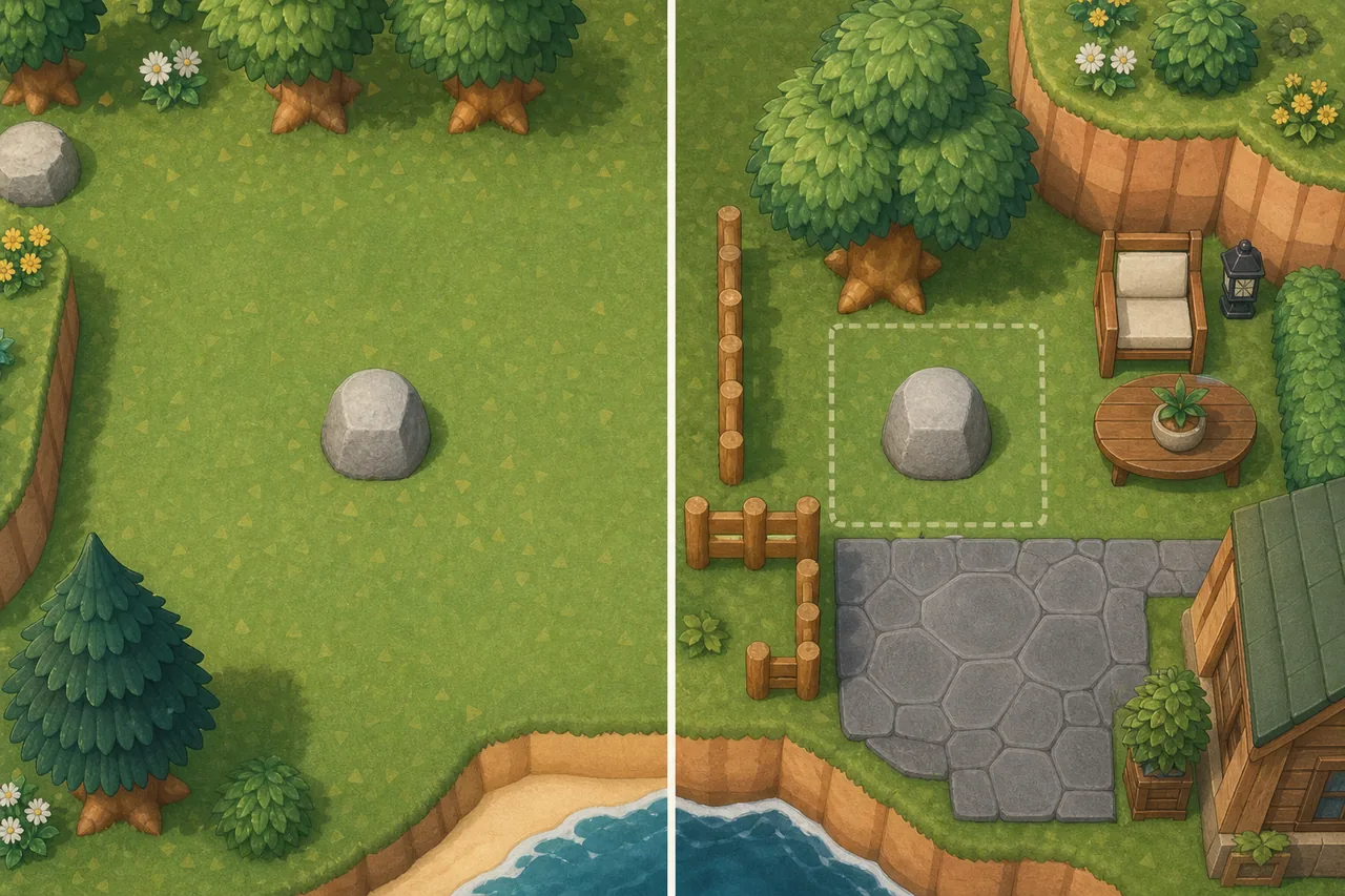 Unofficial illustration comparing an open ACNH rock spawn area with a tile blocked by trees, cliffs, fences, furniture, and paths