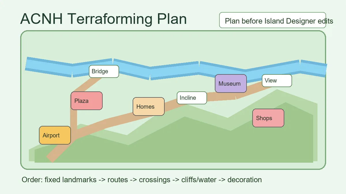 ACNH terraforming guide showing planned cliffs, river edits, paths, bridge points, and build phases