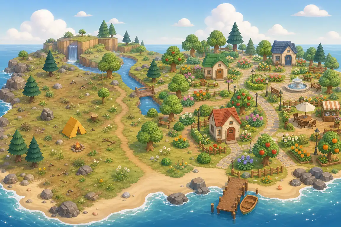 Concept illustration comparing a sparse island with an organized three-star-ready ACNH island
