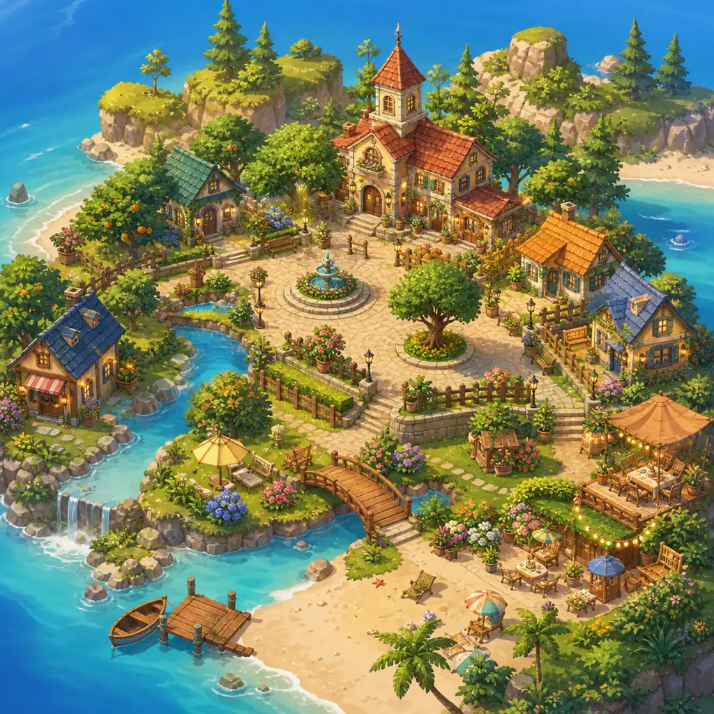Editorial concept illustration of a tidy ACNH island with homes, paths, flowers, trees, and outdoor furniture
