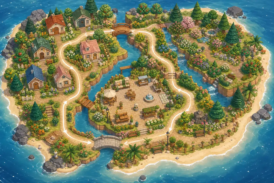 Concept island plan showing a walking loop between homes, nature, furniture, and shoreline zones